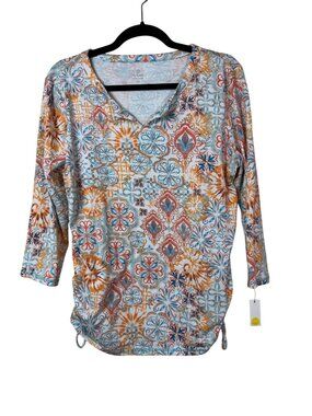 NEW T By Talbots Womens 3/4 Sleeve Floral Tunic Top Large Petite Jersey Stretch